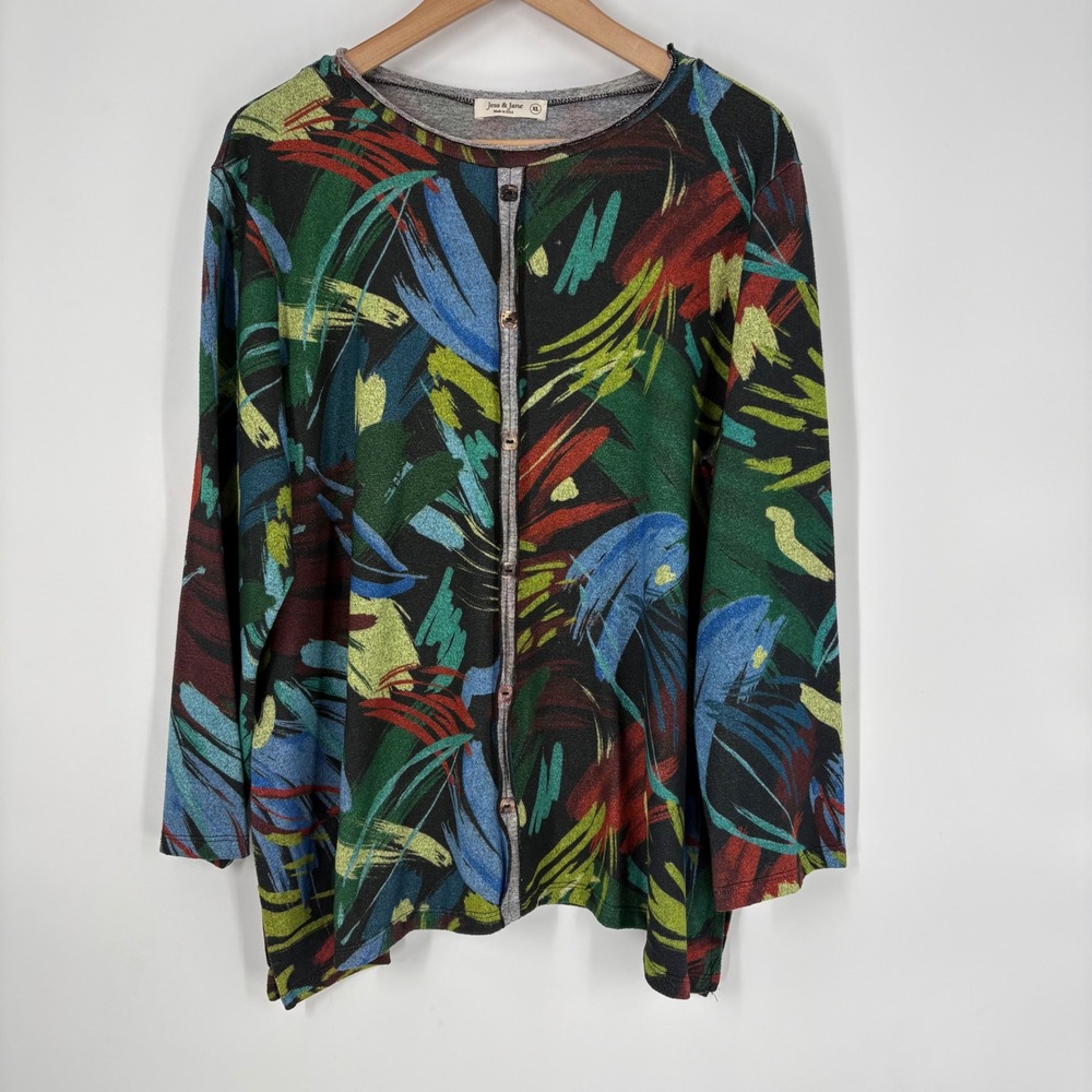 Jess & Jane‎ Picardy Abstract Brushstroke Button Front Top XL Made in USA Artsy